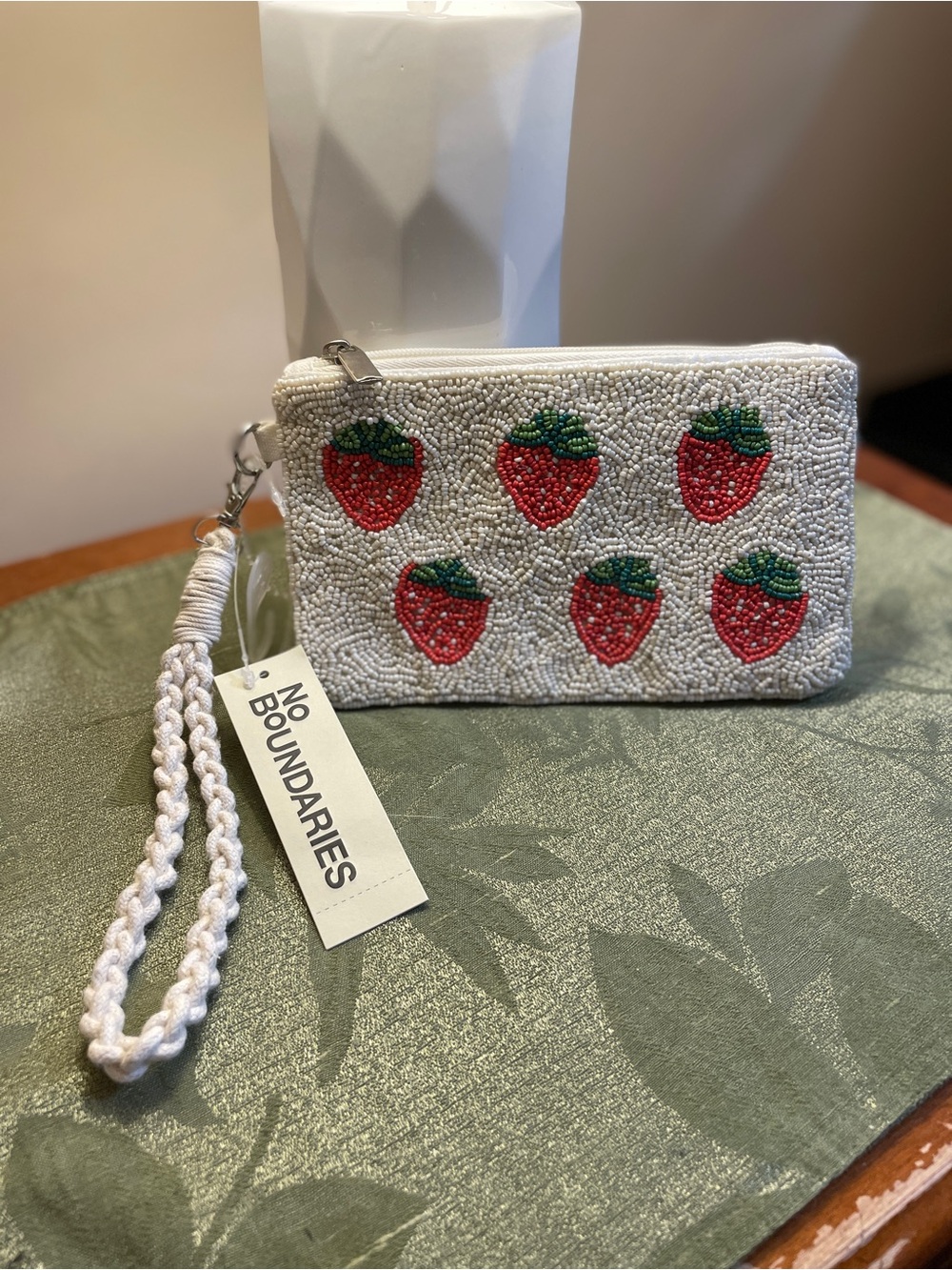 White Beaded Wristlet Clutch with Red Strawberry Motif